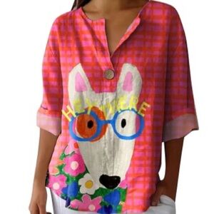 Cartoon Dog & Flowers Button-Up Collar Oversized Checked Pink/Red Top size Small